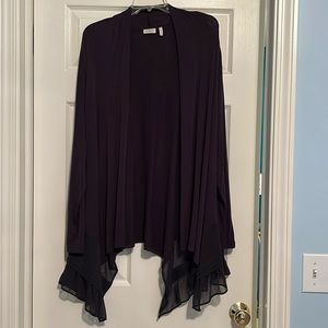 LOGO brand long sleeved draped-front cardigan with sheer ruffled side XL